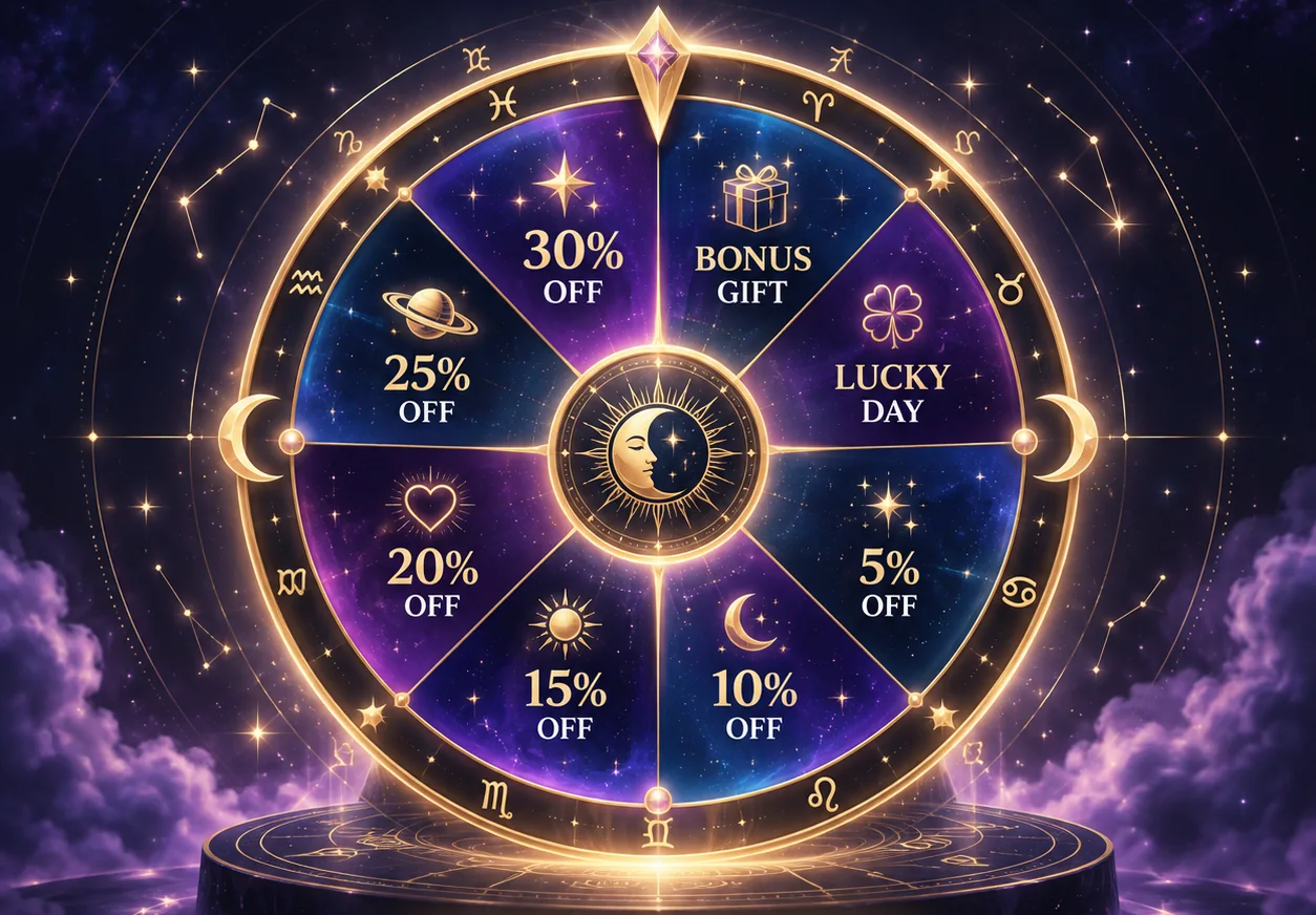 Golden zodiac wheel on a pedestal above the clouds, with a fixed pointer at the top